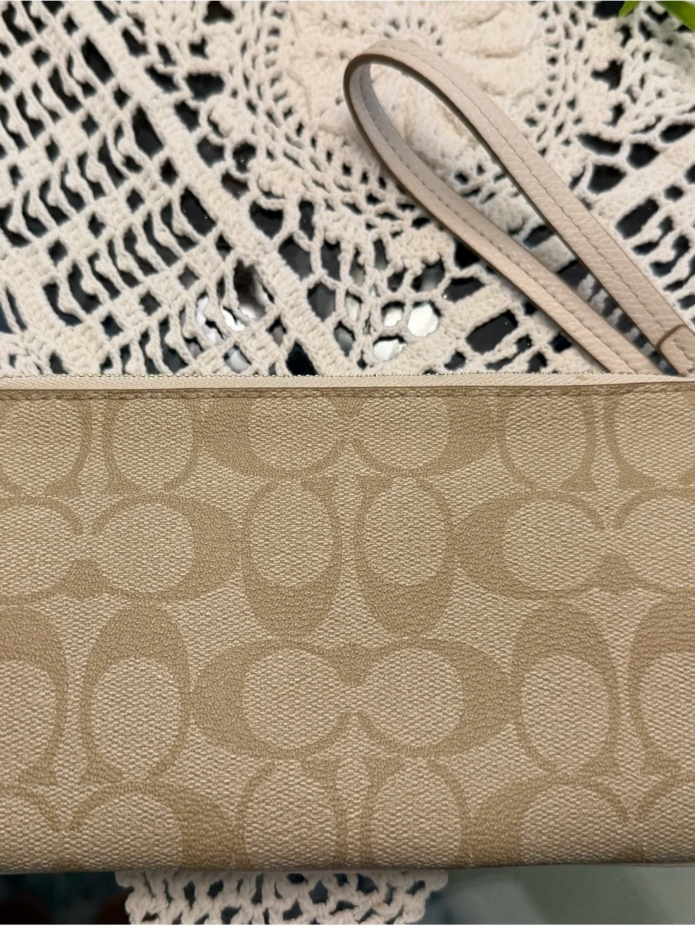 COACH Beige Signature Canvas Wristlet with Cream Leather Trim